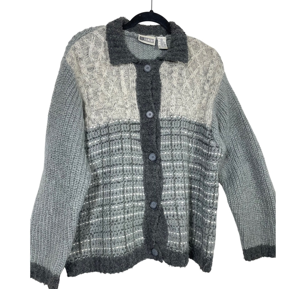 Russ Wool Blend Women Size L Cardigan Gray Cable Knit Button Up Sweater‎